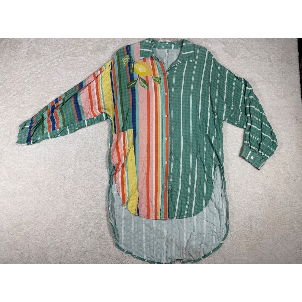 Anthropologie Tunic Shirt Womens M Green Striped Lemon High Low Button Down Good